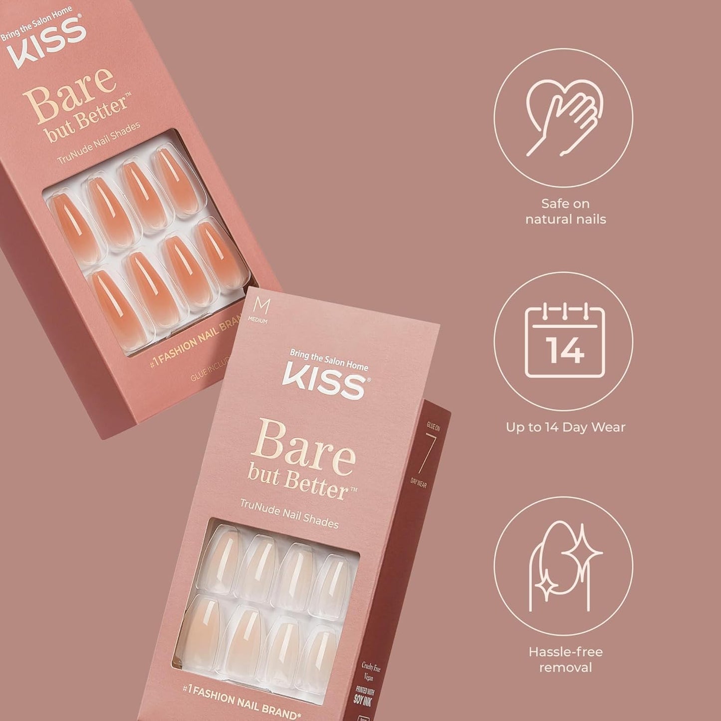 KISS Bare but Better, Press On Nails, Nail glue included, 'Nude Nude', Color, Medium Size, Coffin Shape, Includes 28 Nails, 2g glue, 1 Manicure Stick, 1 Mini File