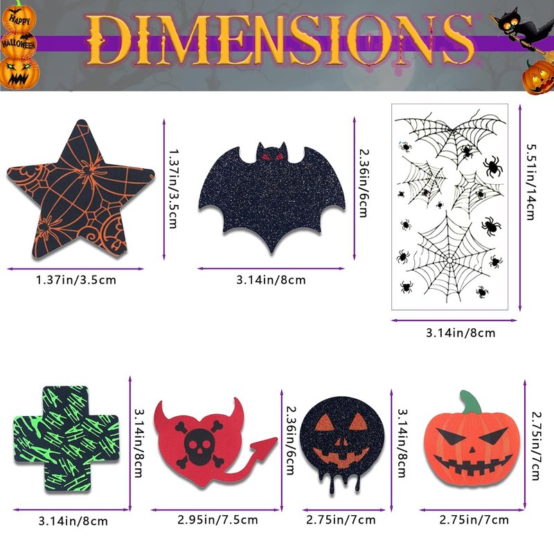 Halloween Nipple Covers - 8 Pairs of Bat, Skeleton & Pumpkin Pasties | Latex-Free Body Adhesive for Rave & Cosplay