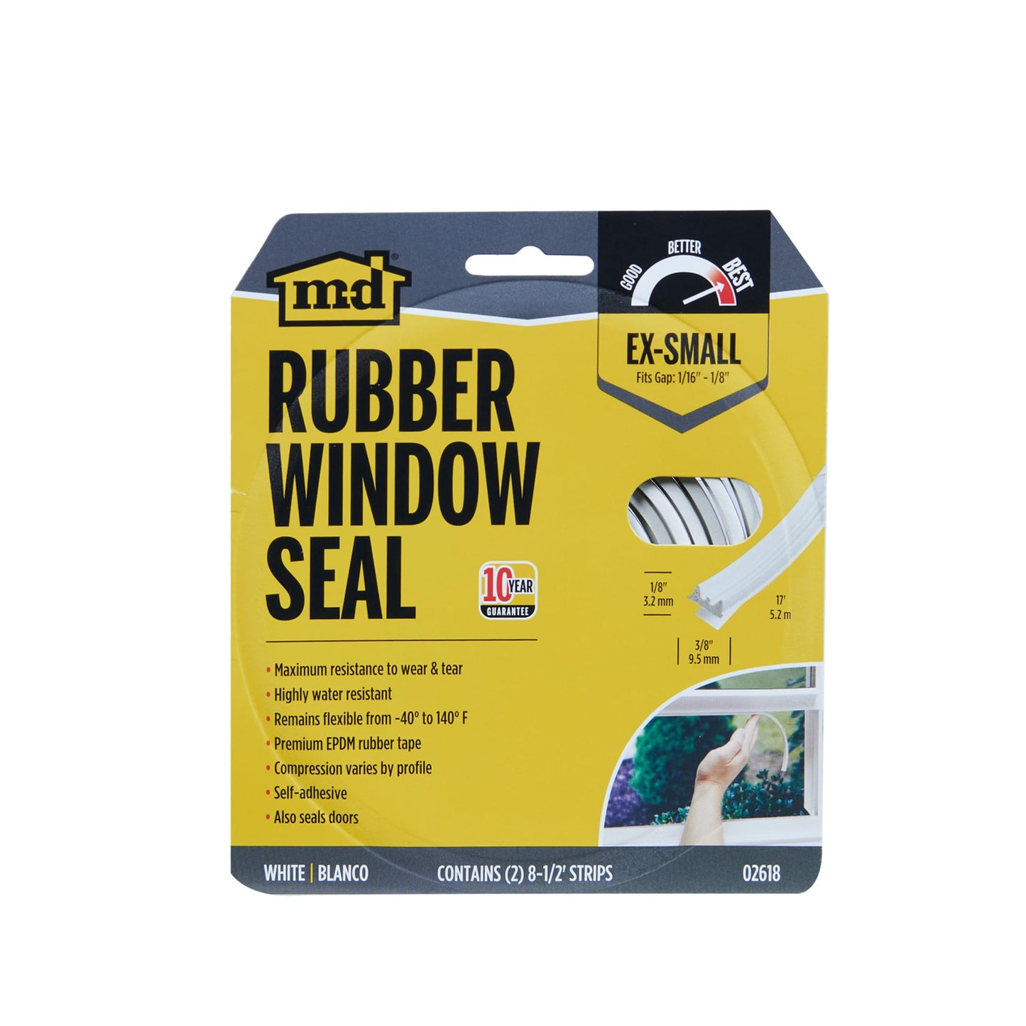 M-D Building Products 02618 1/8 in. x 3/8 in. x 17 ft. White Premium Rubber Window Seal for Ex-Small Gaps