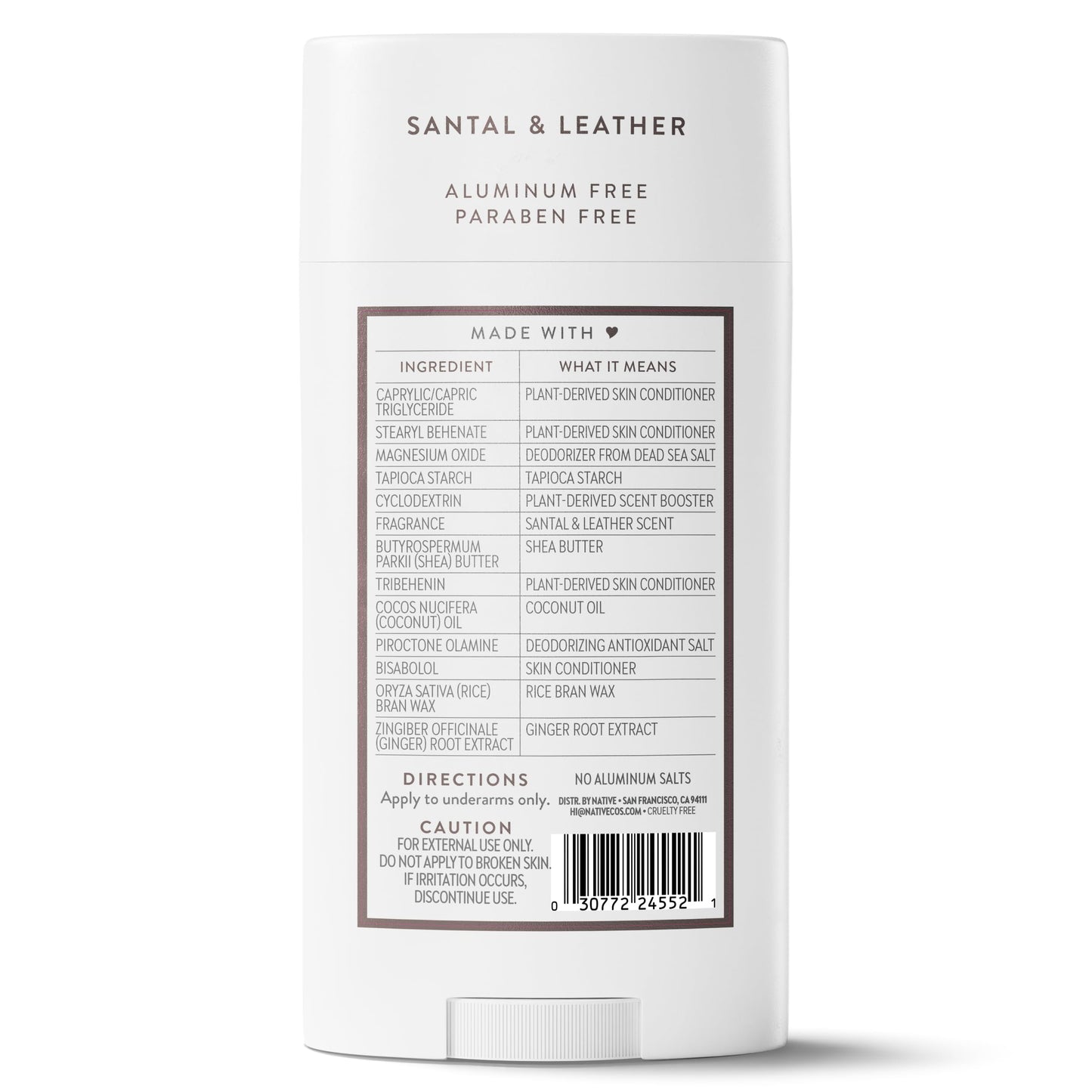 Native Aluminum Free Deodorant, Santal & Leather, Large Size Stick, 72 Hour Odor Control, for Women & Men, Contains Naturally Derived Ingredients, 3.1 oz