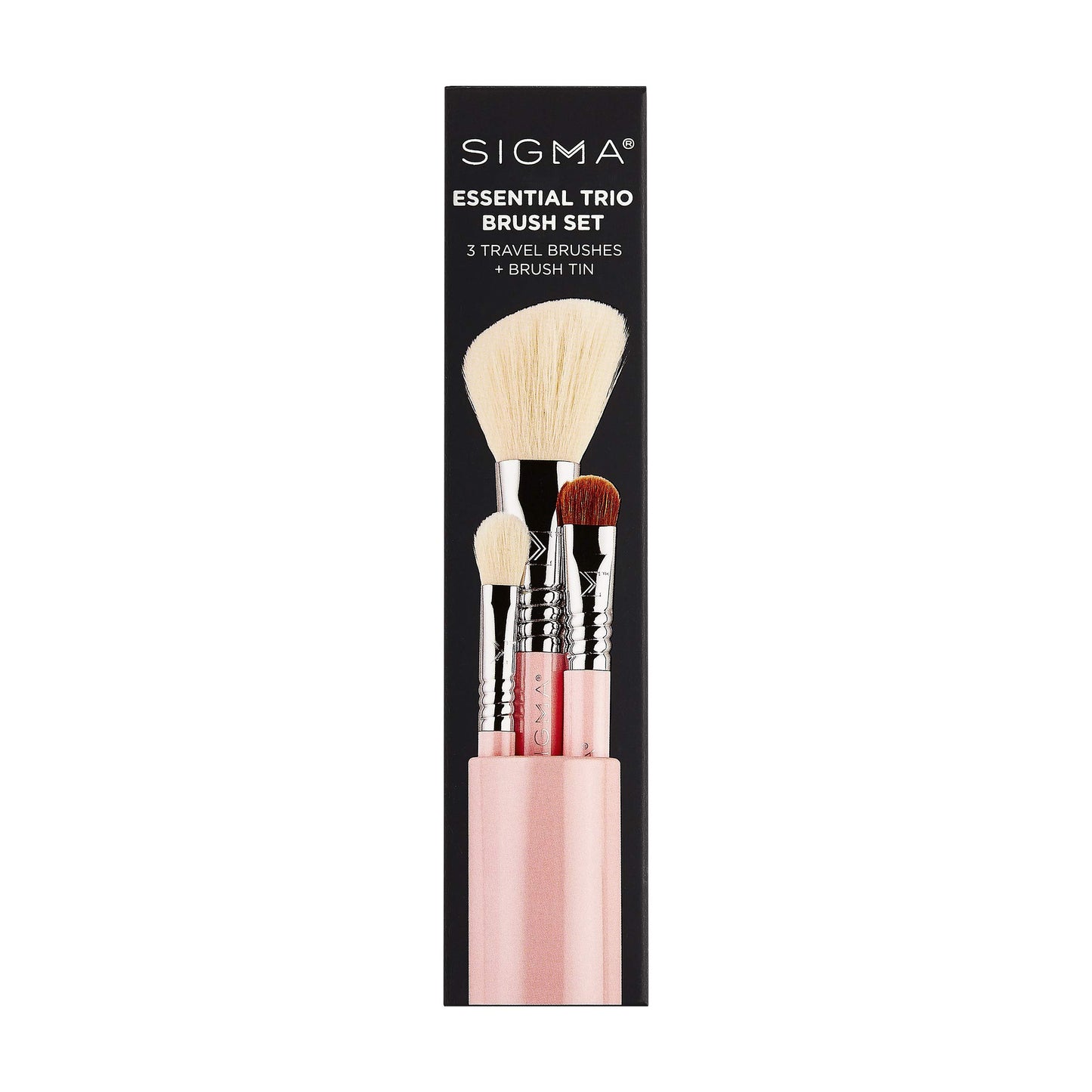 Sigma Beauty Travel Essential Trio - Makeup Brush Set for Foundation Powder Eyeshadow - 3 Tool Brushes with Brush Tin Holder - - Skin Safe, Vegan Makeup Brushes for Travel - Light Pink