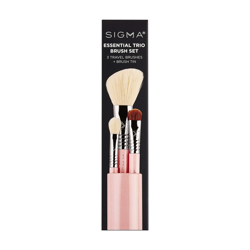 Sigma Beauty Travel Essential Trio - Makeup Brush Set for Foundation Powder Eyeshadow - 3 Tool Brushes with Brush Tin Holder - - Skin Safe, Vegan Makeup Brushes for Travel - Light Pink