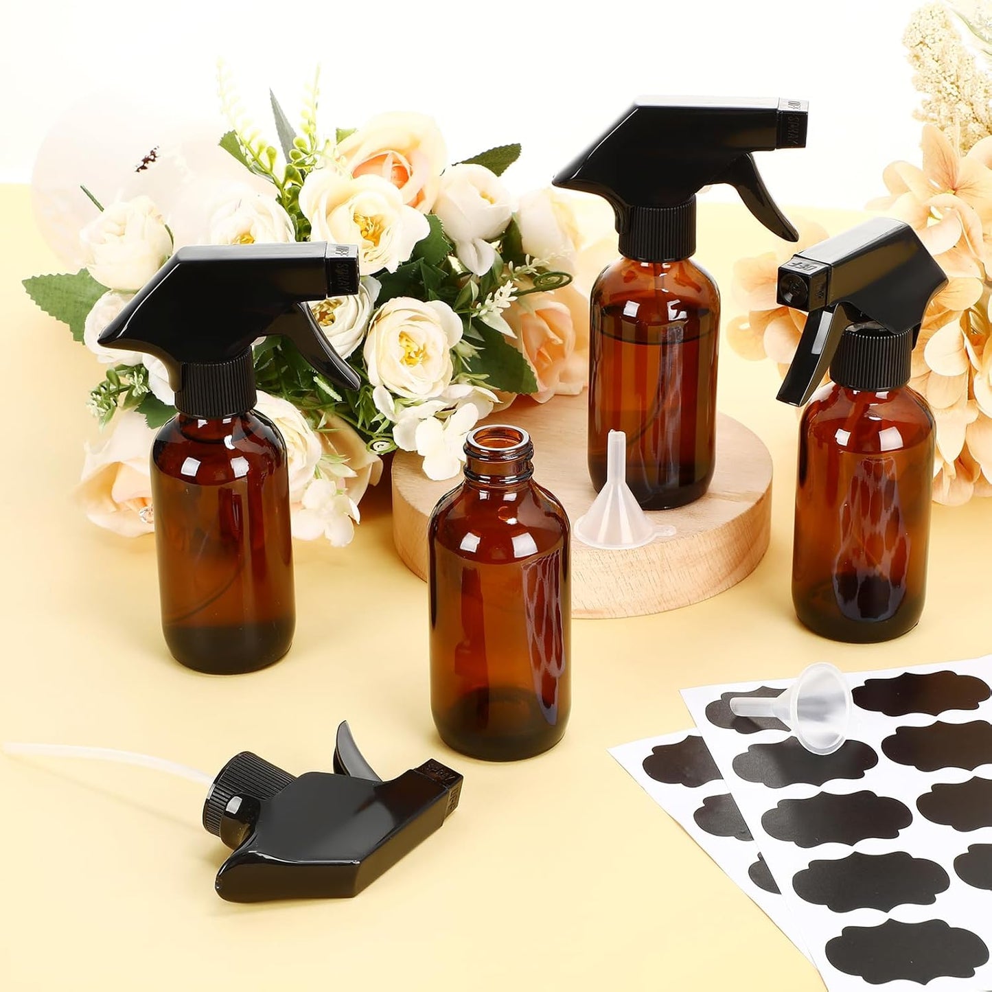 Fumete 20 Pcs 4 oz Glass Spray Bottles - Refillable Trigger Sprayers for Essential Oils, DIY, Kitchen & Hair | Amber