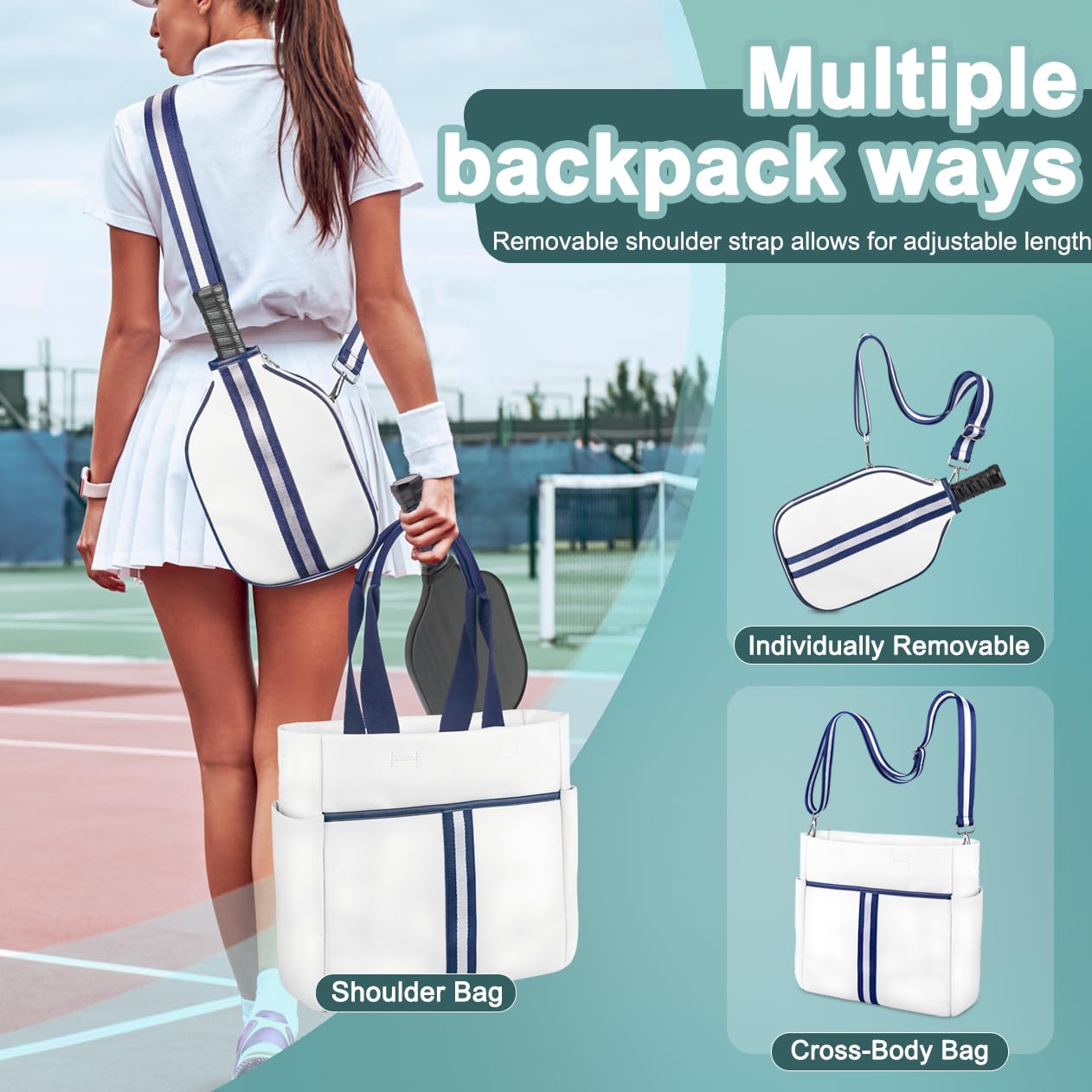 MetroTesco Pickleball Bag for Women Men, PU Leather Sports Pickle Ball Bags, Crossbody Sling Tote with Removable Shoulder Strap, Gift for Pickleball Enthusiasts (Navy White)