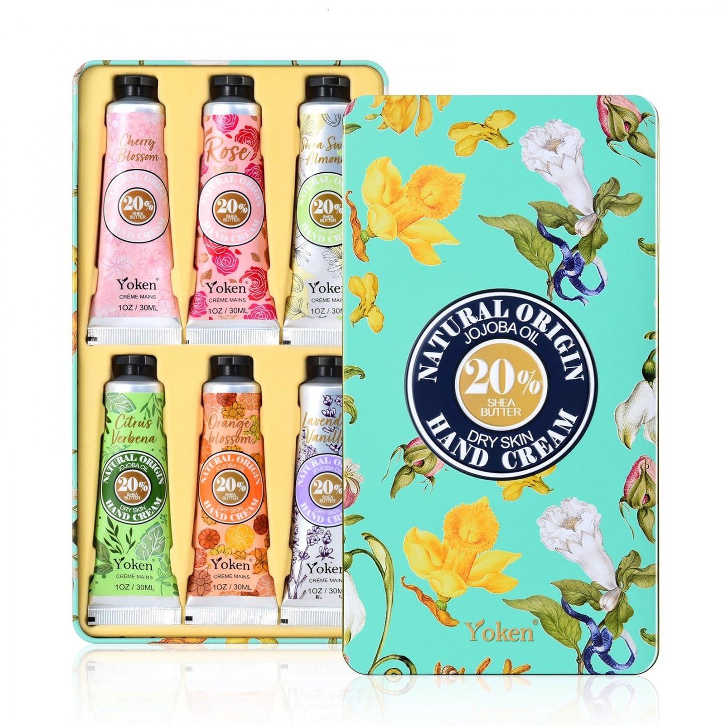 Shea Butter Hand Cream Gift Set - Instant Soothing Moisturizer for Dry Hands | 6-Piece Tin Set with Almond, Citrus Verbena & Floral Scents, 6 x 1 OZ