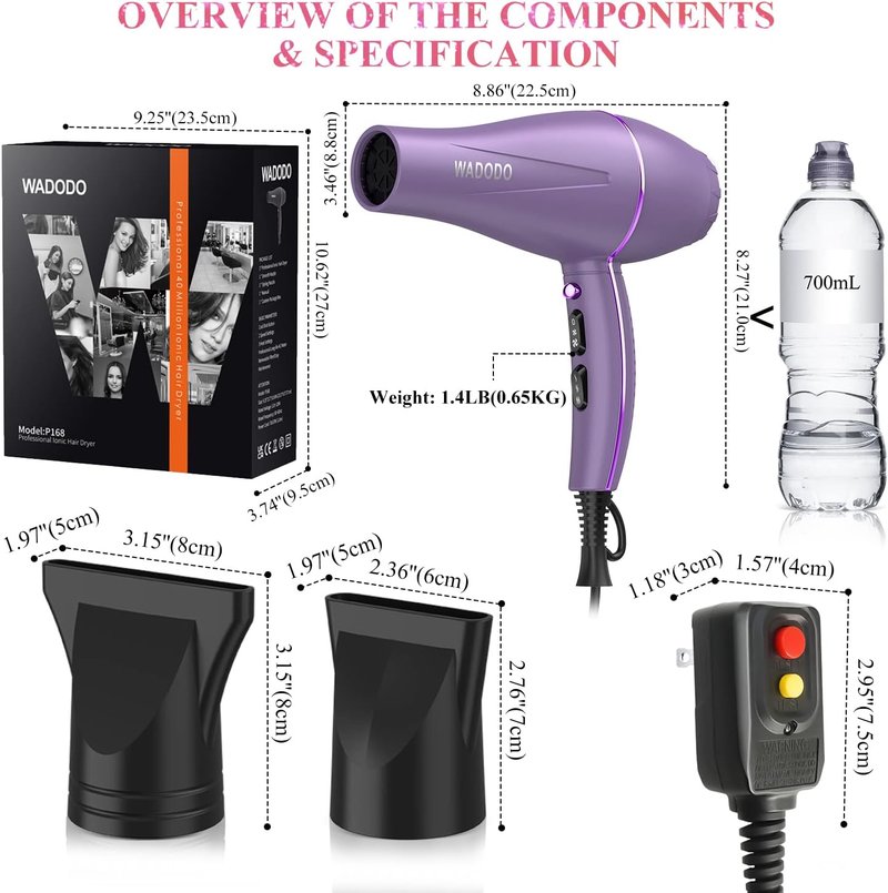 Ionic Hair Dryer - 2200W Professional Blow Dryer for Fast Drying | Low Noise, Travel-Friendly, Curly Hair Care (Purple)