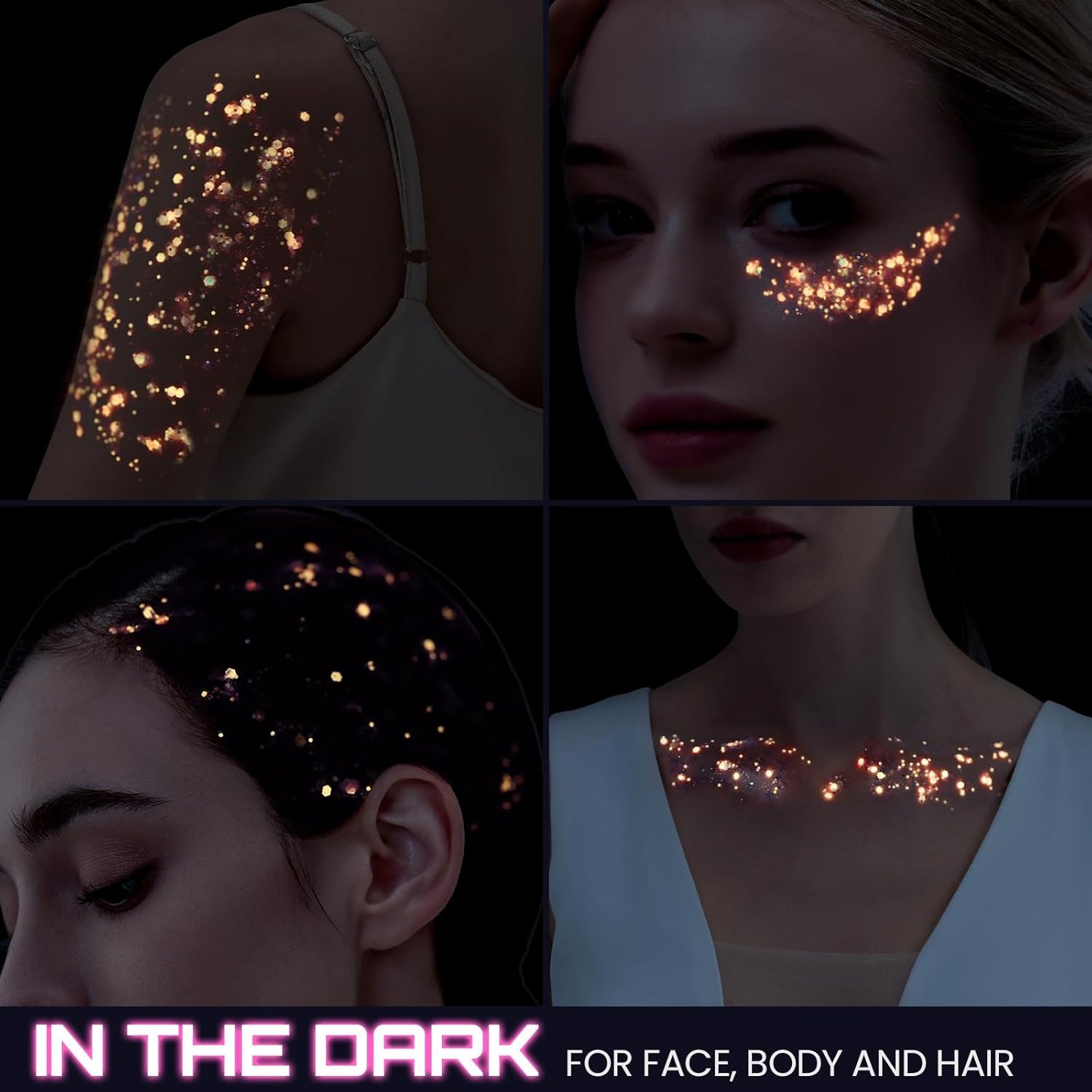 Teenitor 6 Colors Glow in The Dark Glitter Gel, Face Glitter Gel, Body Glitter Hair Glitter for Halloween Makeup UV Black Light Party Cheer Raves Festivals