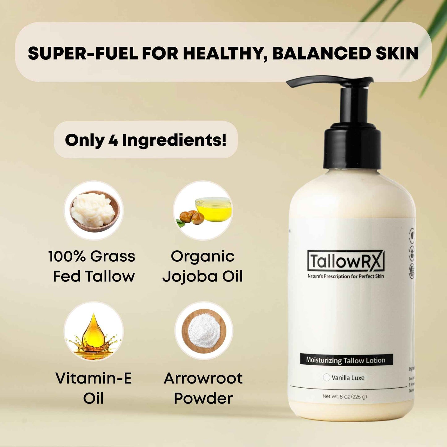TALLOWRX Tallow Body Lotion – 100% Grass-Fed Beef Tallow for Skin, Face & Body – Pure & Organic Moisturizer with Jojoba Oil, Vitamin E (8 Fl Oz, Vanilla)