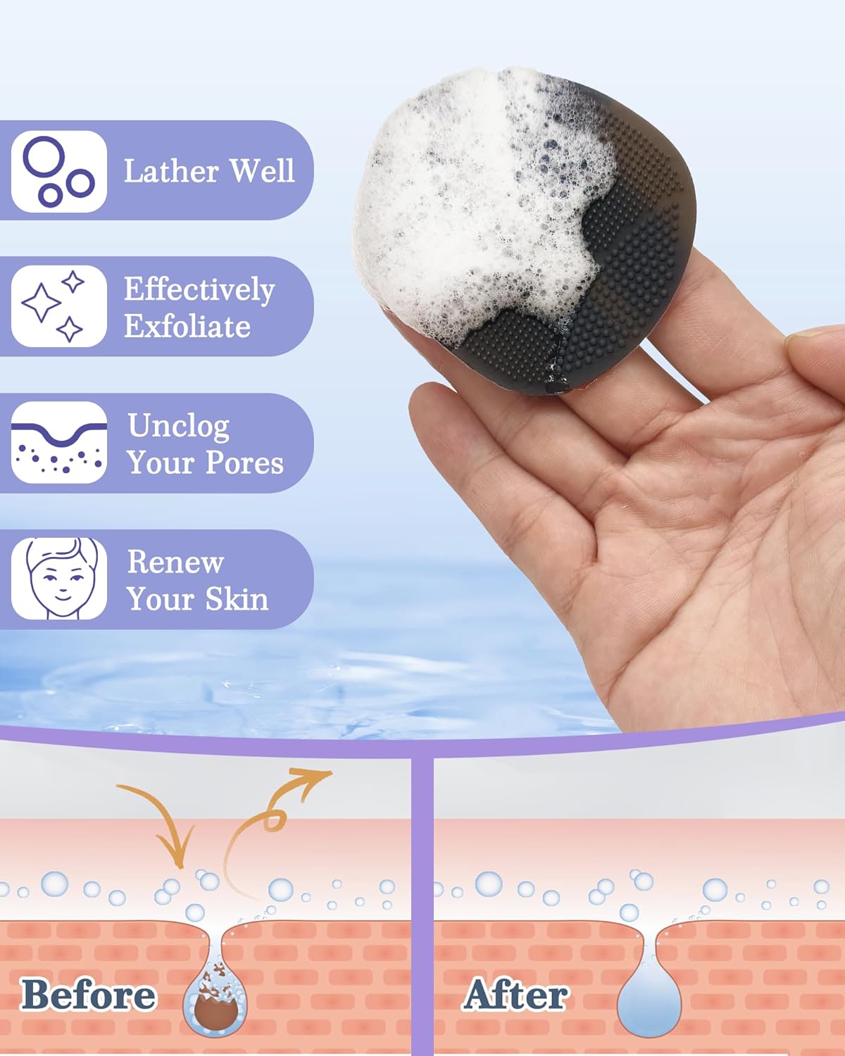 Silicone Back Scrubber Set - 8 PCS Body & Foot Cleaning Brushes | Scalp Massager & Shower Tools with 4 Hooks - Black