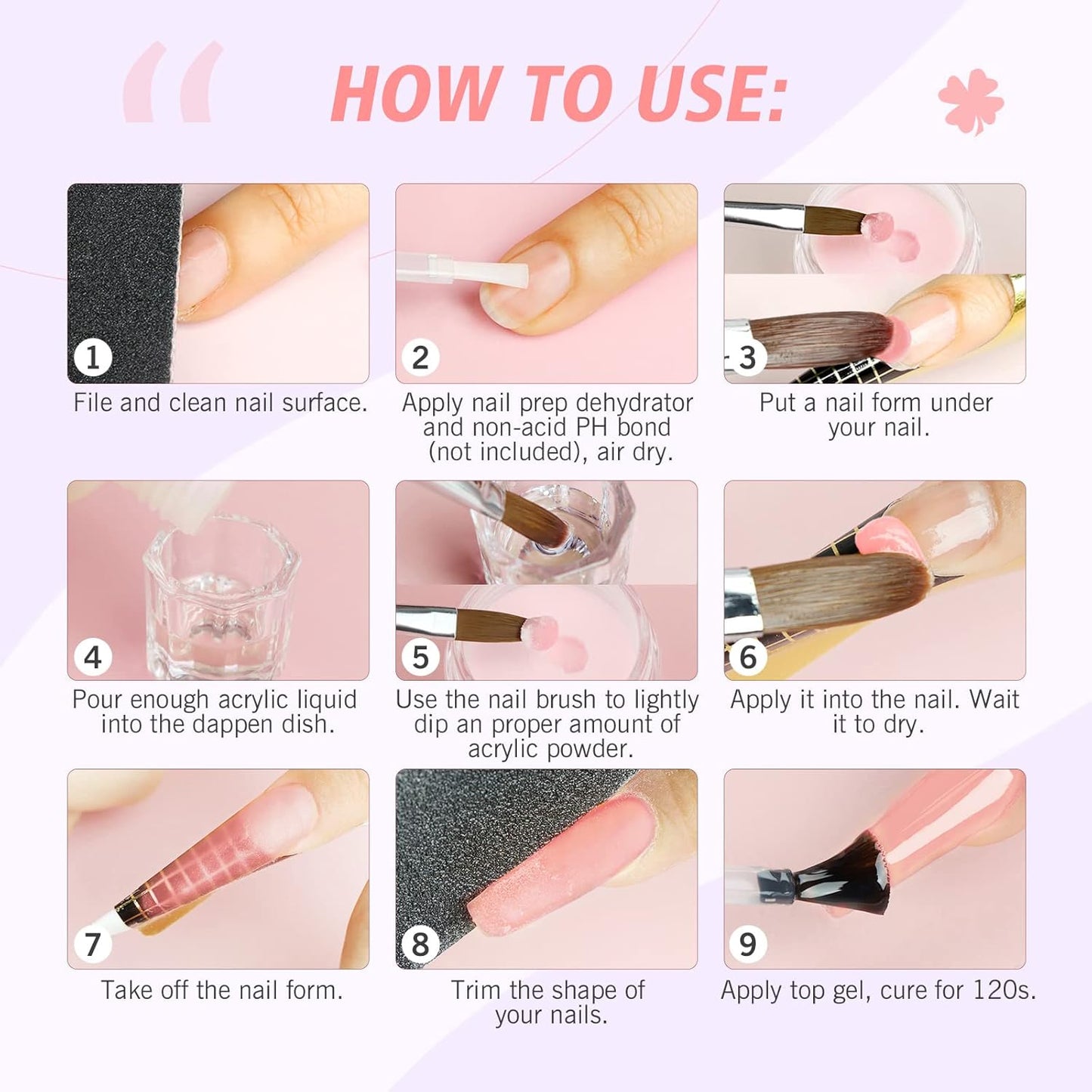 Acrylic Nail Kit - 120ml Liquid & 30g Clear Pink White Powder Set | 5 Size Brushes for Professional Nail Art