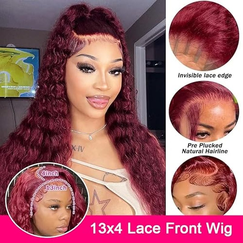 Deep Wave Lace Front Wigs 99j Burgundy 13x4 Deep Curly HD Transparent Lace Frontal Wig for Women 180% Density Glueless Wine Red Colored Human Hair Wig Pre Plucked Super Soft 18inch