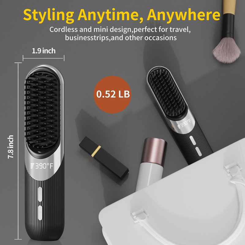Cordless Hair Styling Brush 2-in-1 AI Smart Styler Fast Heat 30 Seconds USB Rechargeable Dual Power LCD Display Portable Travel Comb Includes Pouch (Black)