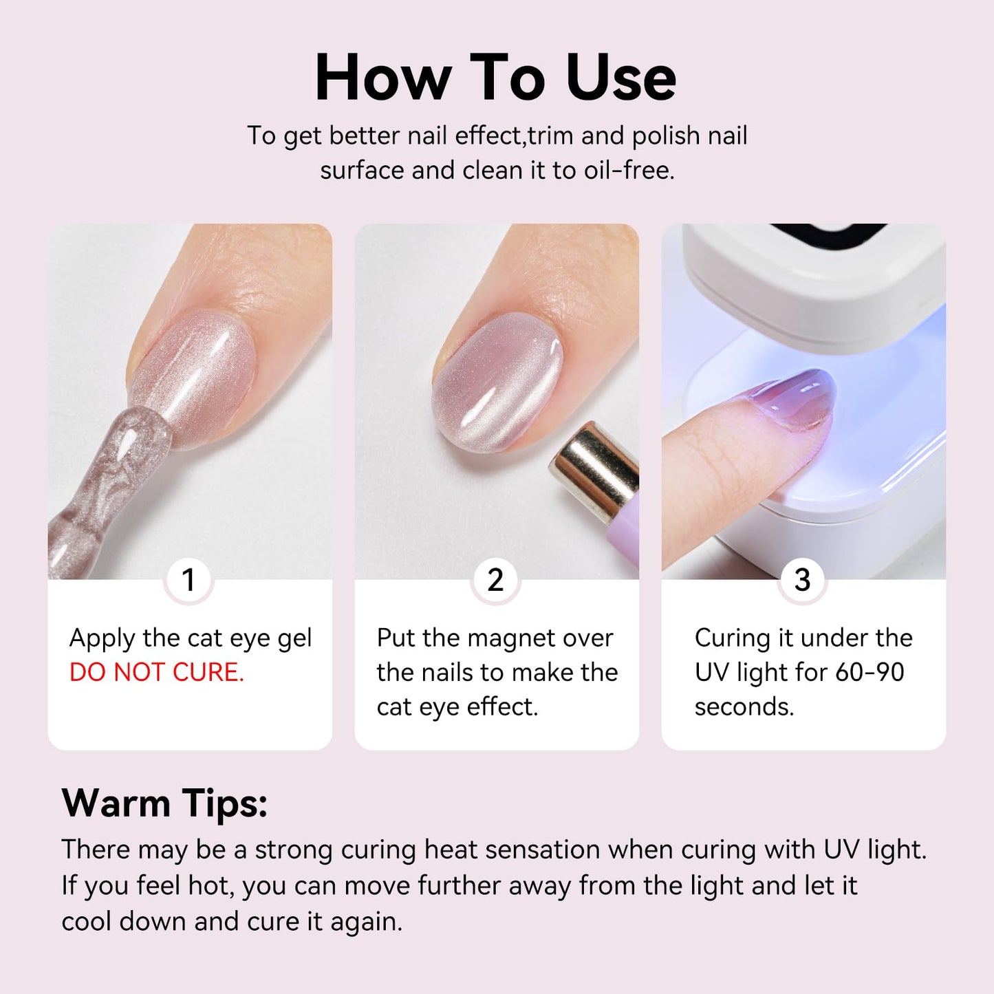 Bevimee One Step Gel Polish 3-in-1, Pink Cat Eye Gel Nail Polish With Magnet, HEMA TPO Free Shimmer Magnetic Cateye Gel Polish Soak Off UV Nail Art Design Manicure DIY 12ml