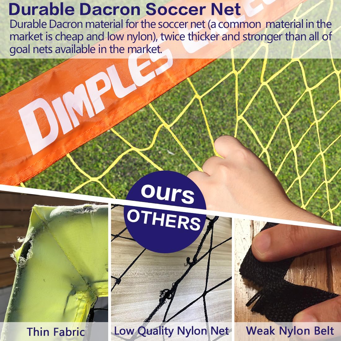 Dimples Excel Soccer Goals Kids Net for Backyard 7x5, 5x3.6, 4x3, 3x2.2 FT
