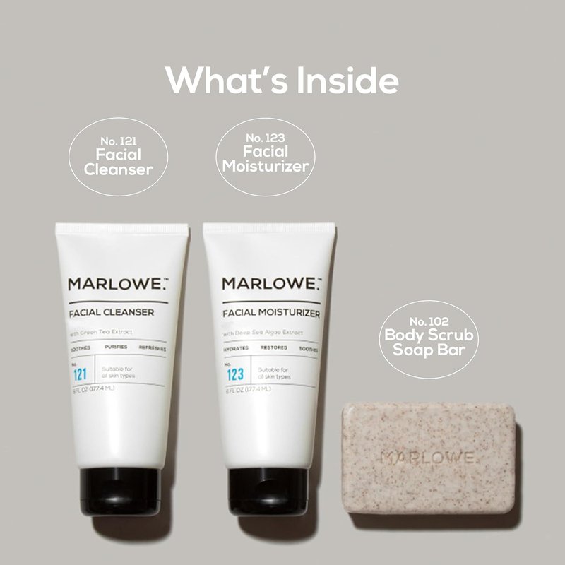 Marlowe Men's Skin Care Set - 3-Piece Exfoliating Scrub, Purifying Cleanser & Hydrating Moisturizer | Vegan Grooming Essentials