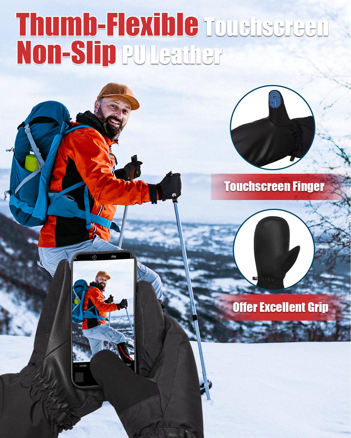 2 in 1 Waterproof Ski Mittens with Glove Liners, Winter Snow Gloves 3M Thinsulate Anti-Slip PU Palm Ski Gloves, Windproof Snowboard Mittens with Touchscreen Inner Gloves for All Snowsports, Small