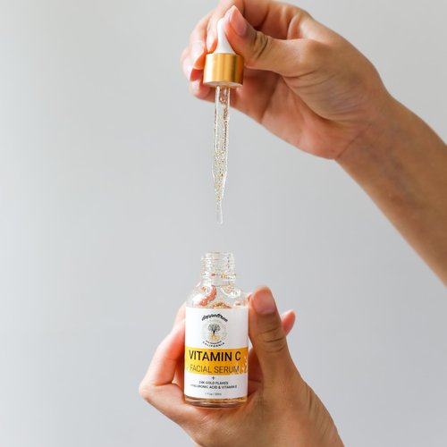 Organic Vitamin C Face Serum with 24K Gold Flakes, Hyaluronic Acid, Vitamin E - Vit C Facial Serum - Acne Scar Treatment, Dark Spot Corrector, Anti Aging & Brightening - Formulated in San Francisco
