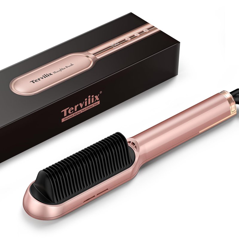 Terviiix Hair Straightener Brush Rose Gold - Ionic Anti-Frizz Hair Straightening Comb with MCH Heater, 13 Heat Settings, Fast Heating 20S, Dual Voltage, for Smooth & Shiny Hair