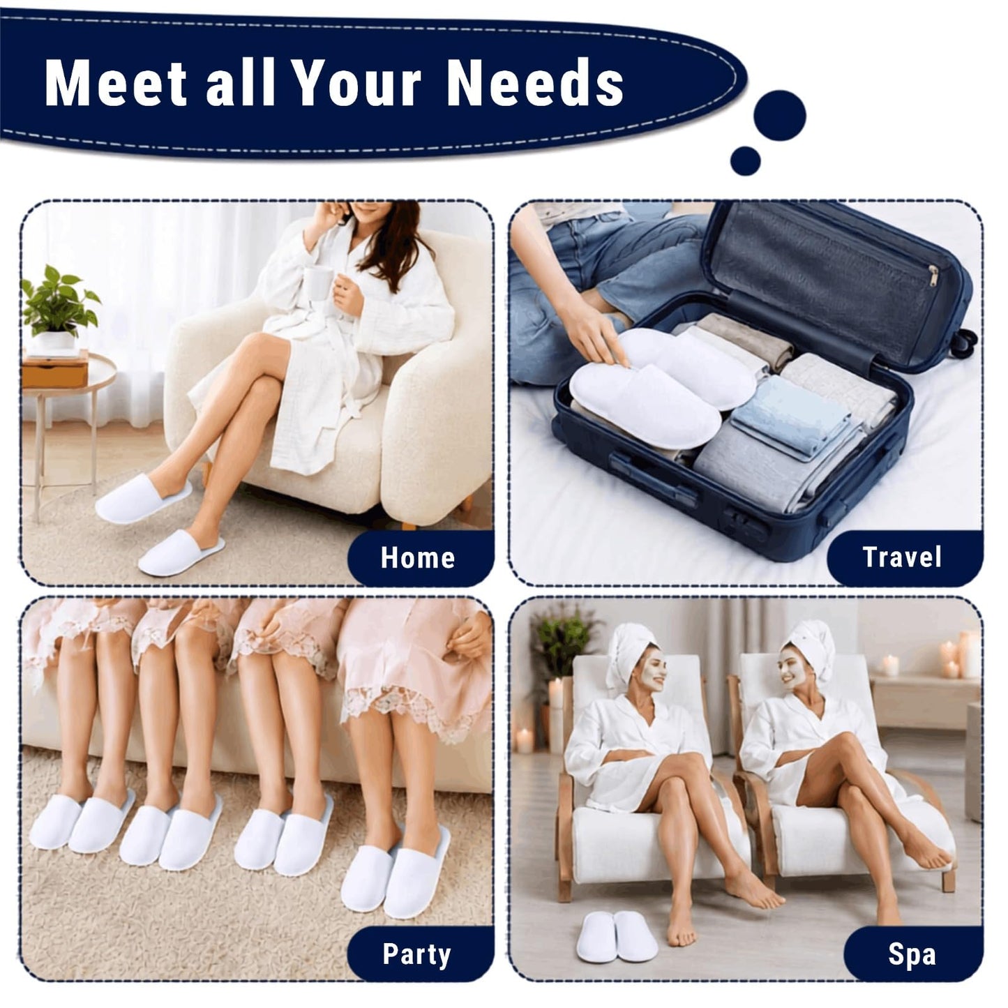 White Spa Slippers for Women - Non-Slip Washable Disposable Hotel Slippers for Guests, Cozy Travel-Friendly Bulk Slippers – Closed Toe House Spa Slippers for Guest - 6-Pack - 3 Medium & 3 Large