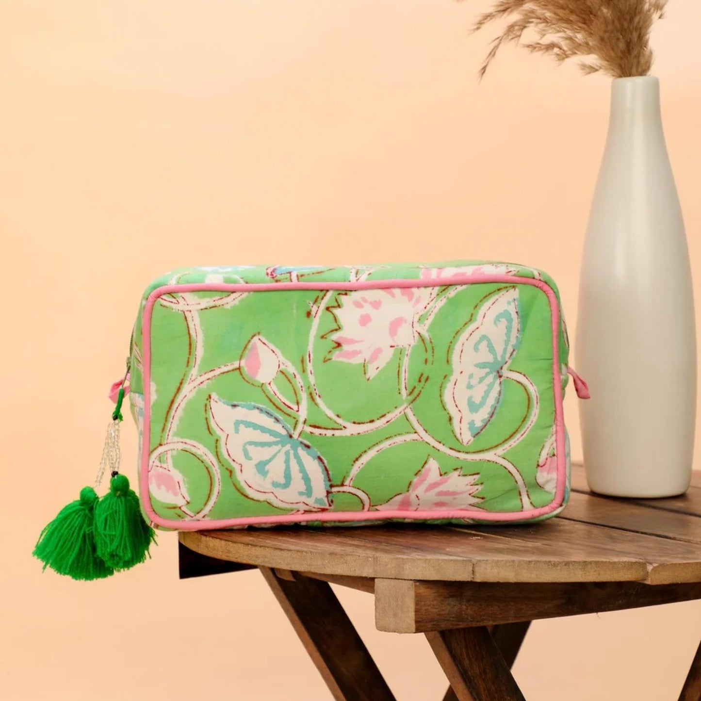 Huar Travel Makeup Bag- Large Capacity Cosmetic Bags for Women - Water Resistance Lining Portable Pouch & Open Toiletry Bag - Perfect Girls Makeup Organizer for Travel Essentials (Lime & Pink Floral)