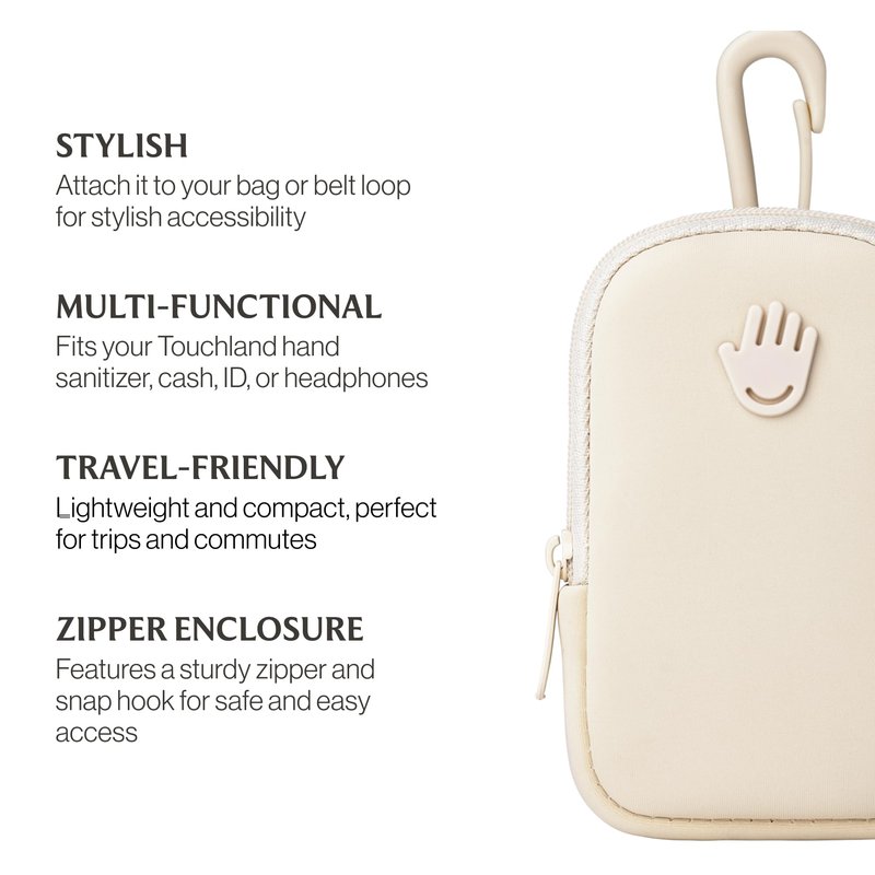 Touchette Zippered Pouch with Snap Hook – Attachable Bag Accessory Compatible with 1 FL OZ Touchland Hand Sanitizer – Ivory