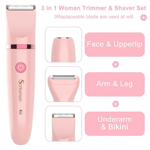 Scttomon Electric Lady Shaver for Women - Painless Razor, Bikini Trimmer, Facial Hair Removal, Body Trimmer for Face, Legs, Underarm, Pubic - Wet and Dry Flawless 3 in 1