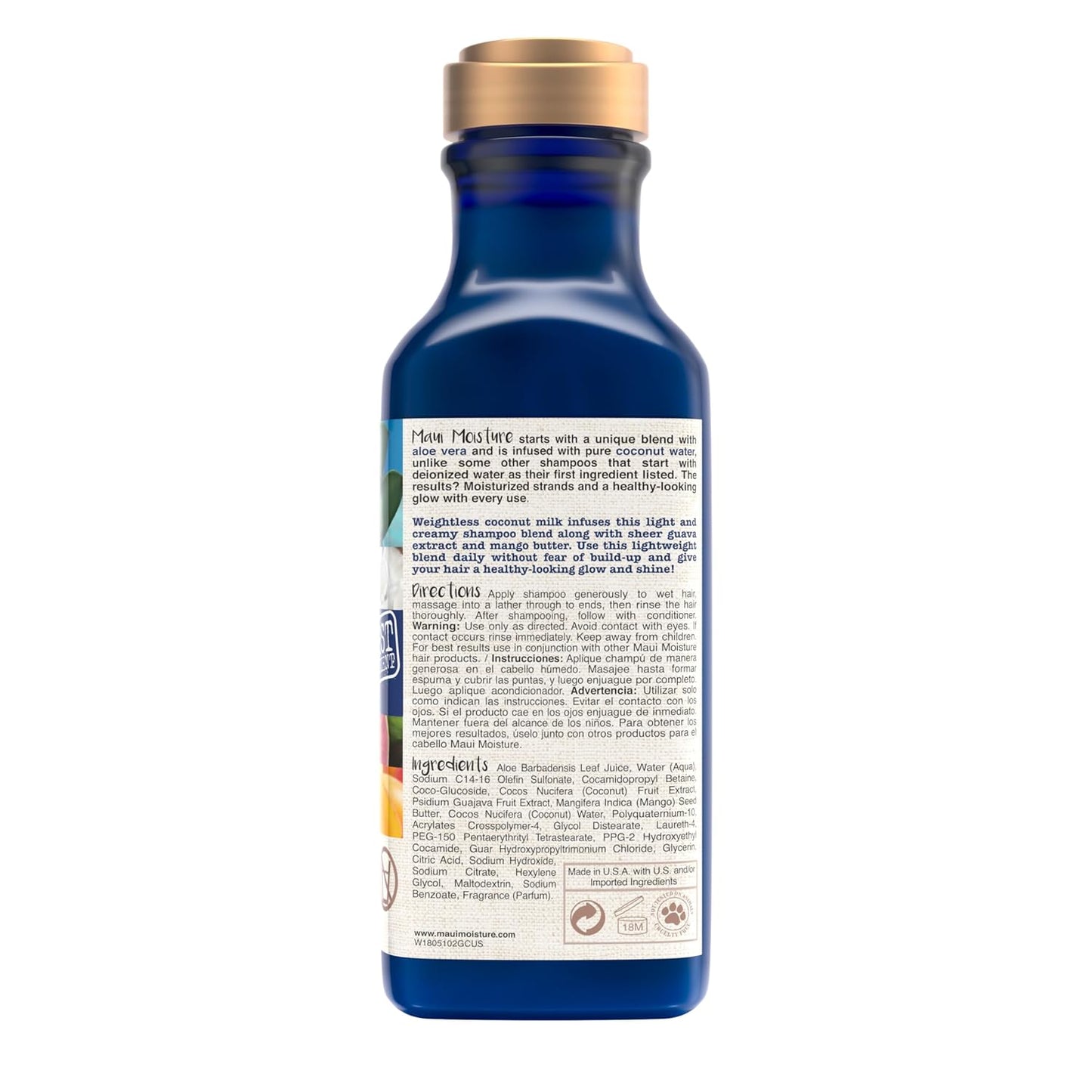 Maui Moisture Nourish & Moisture + Coconut Milk Shampoo to Hydrate and Detangle Curly Hair, Lightweight Daily Moisturizing Shampoo, Vegan, Silicone & Paraben-Free, 13 fl oz
