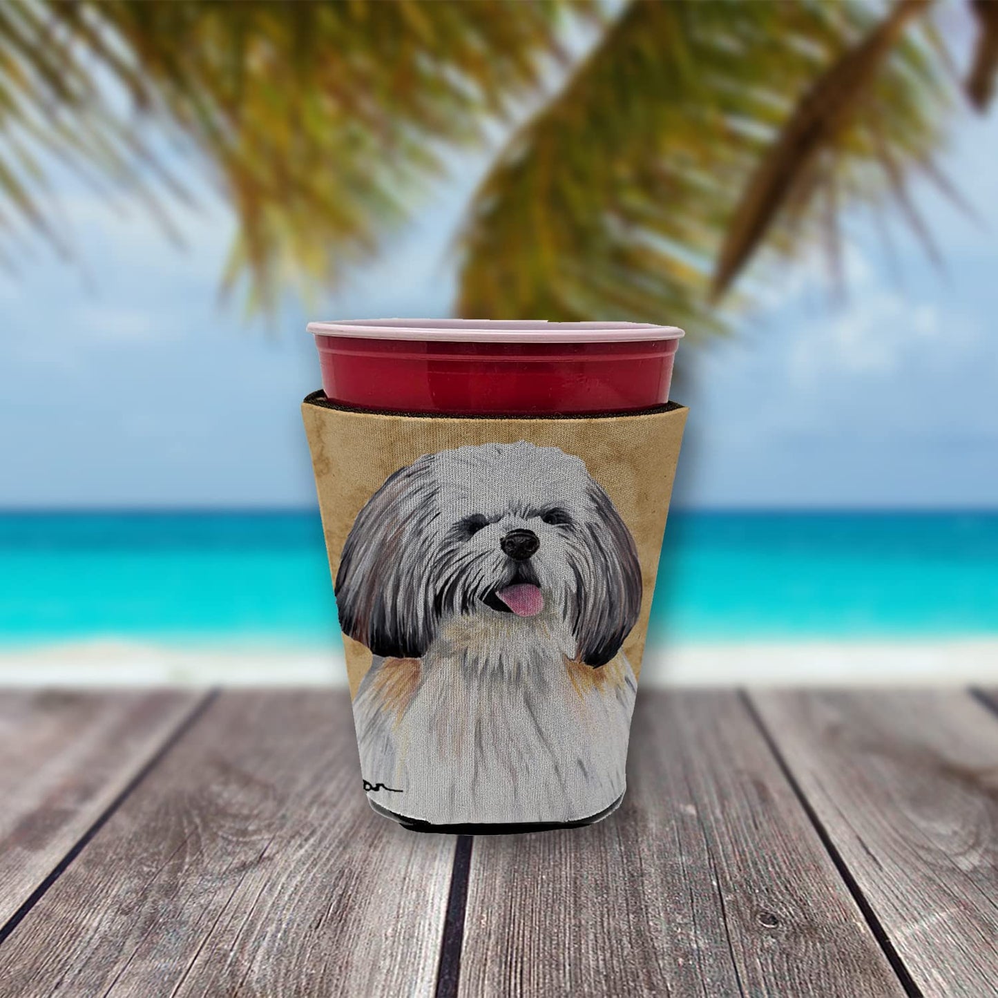 Caroline's Treasures SC9128RSC Shih Tzu Red Cup Hugger Cup Cooler Sleeve Hugger Machine Washable Drink Sleeve Hugger Collapsible Insulator Beverage Insulated Holder