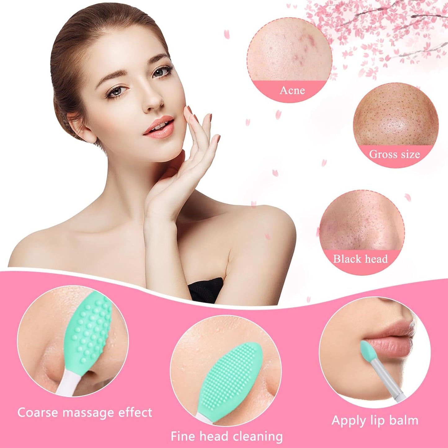Silicone Face Scrubber, 2pcs Exfoliating Lip Brush, 2pcs Face Cleansing Brush & Silicone Facial Mask Brush Exfoliator Blackhead Skin Care Tool