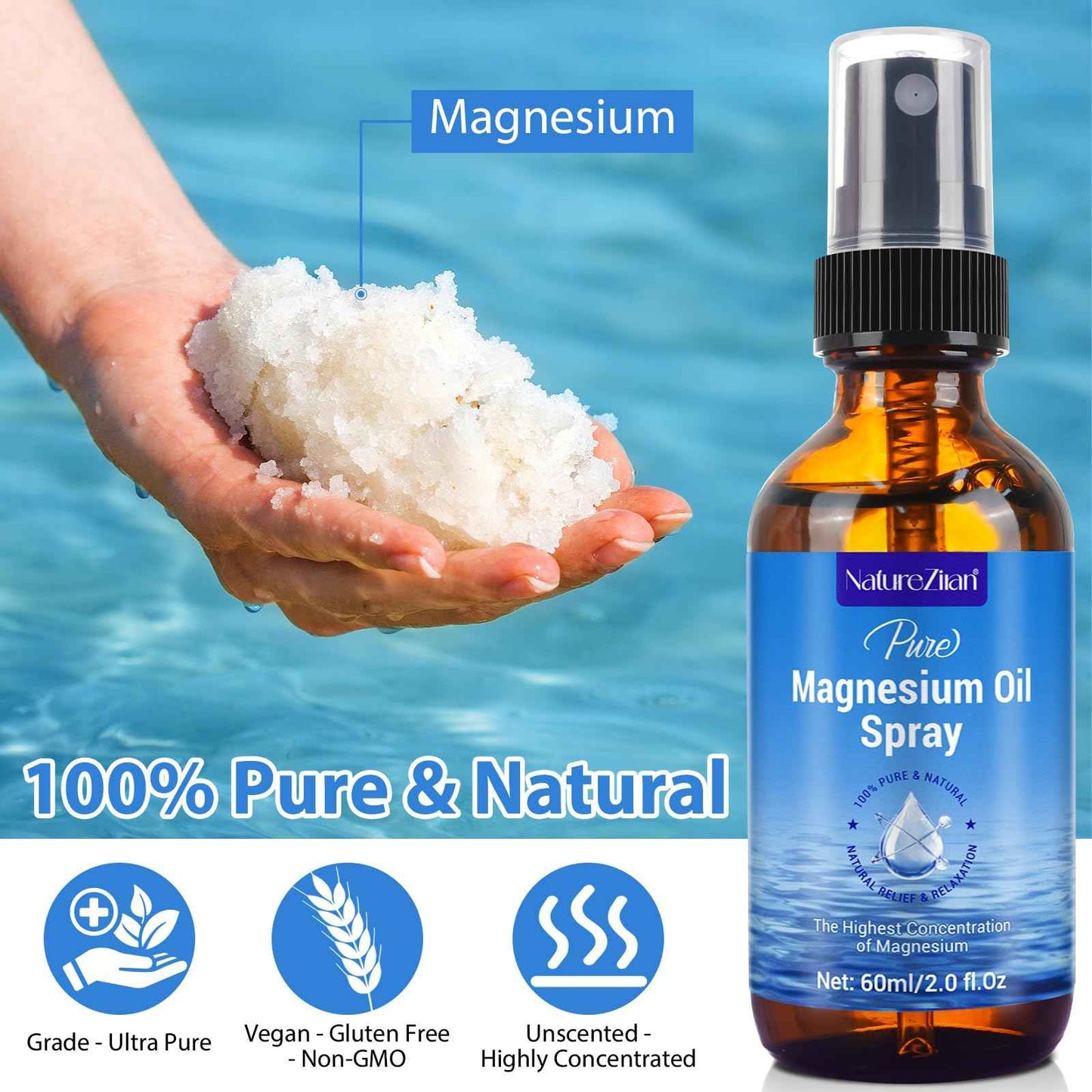 Magnesium Oil Spray - Magnesium Oil for feet - 100% Pure Magnesium Oil Spray Organic Natural Magnesium Spray - Nourish The Skin - Easy to Absorb and Use - Glass Bottle 2 fl oz (1pcs)