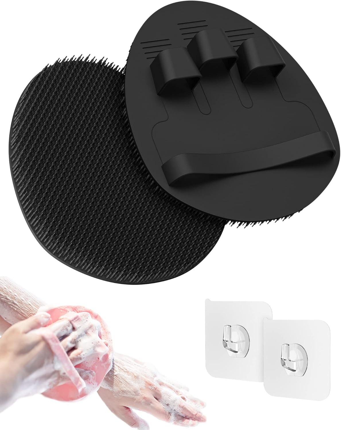 Manmihealth Soft Silicone Shower Brush, Super-Lathering and Deep-Cleaning Body & Face Scrubber, Gentle Exfoliating Bath Glove for All Skin Types, with 2 Free Hooks.(Black + Pink)