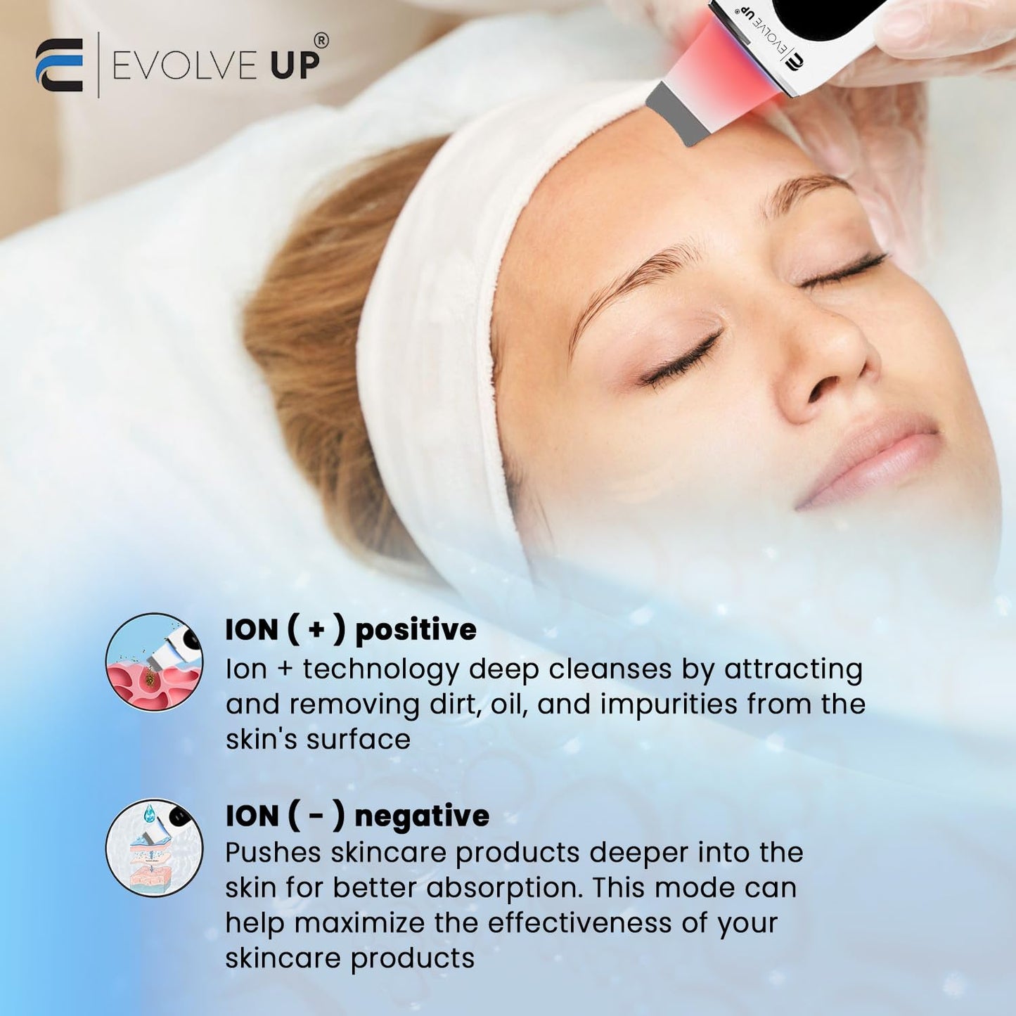 EVOLVE UP Facial Skin Scrubber - Face Cleansing Spatula, Blackhead Remover, Facial Pore Extractor - Portable & Ergonomic Design for Deep Cleansing - 5 in 1 Skincare with Red & Blue Light Stimulation
