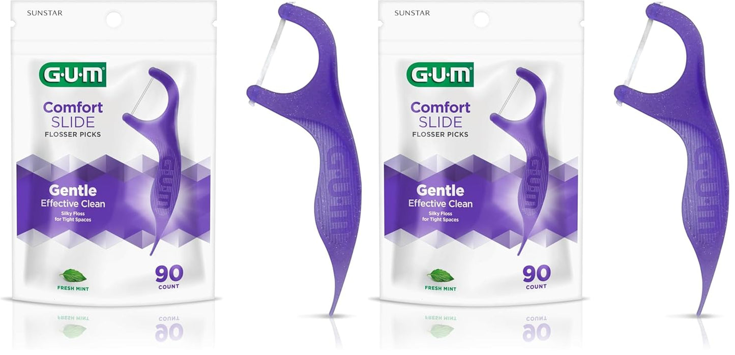 GUM Comfort Slide Floss Picks - Perfect for Tight Teeth - Extra Strong Shred-Resistant Dental Floss, Easy Grip Handle - Dental Flossers for Adults - Fresh Mint Flavor, 120 Count