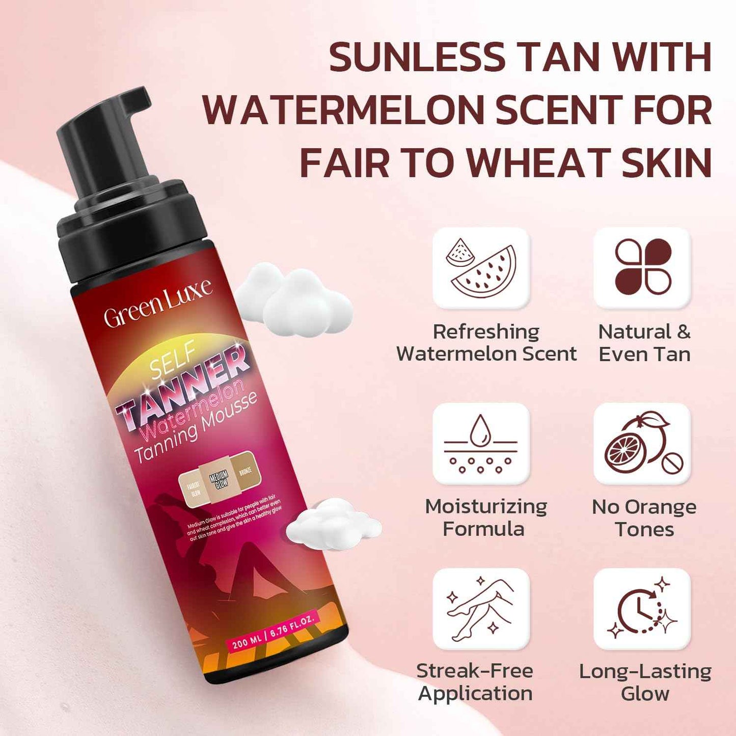 Self Tanner Mousse Kit – Light Medium Glow Sunless Tanning Foam - Flawless & Streak-Free Watermelon Scent Fake Tan Mousse with Mitt for White Pale Skin 6.76 fl. oz