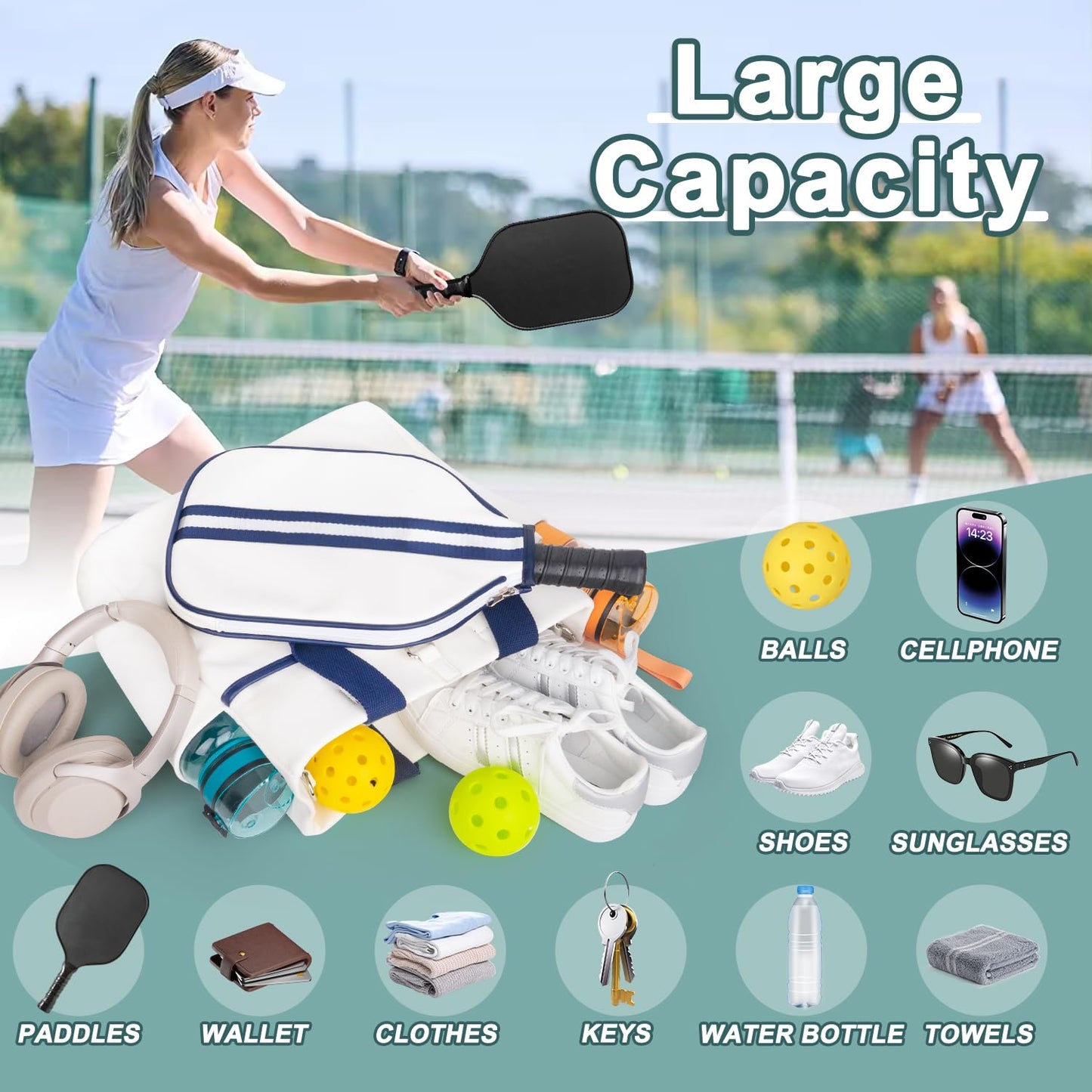 MetroTesco Pickleball Bag for Women Men, PU Leather Sports Pickle Ball Bags, Crossbody Sling Tote with Removable Shoulder Strap, Gift for Pickleball Enthusiasts (Navy White)