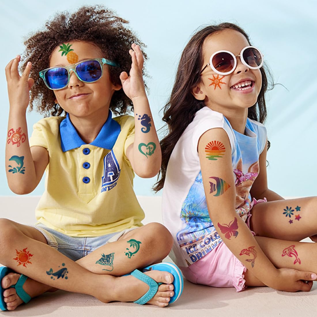 Glitter Temporary Tattoos for Aloha Party Decoration - 74 Individually Sheets Glitter Summer Tattoos for Kids Women Hawaiian Party Favors