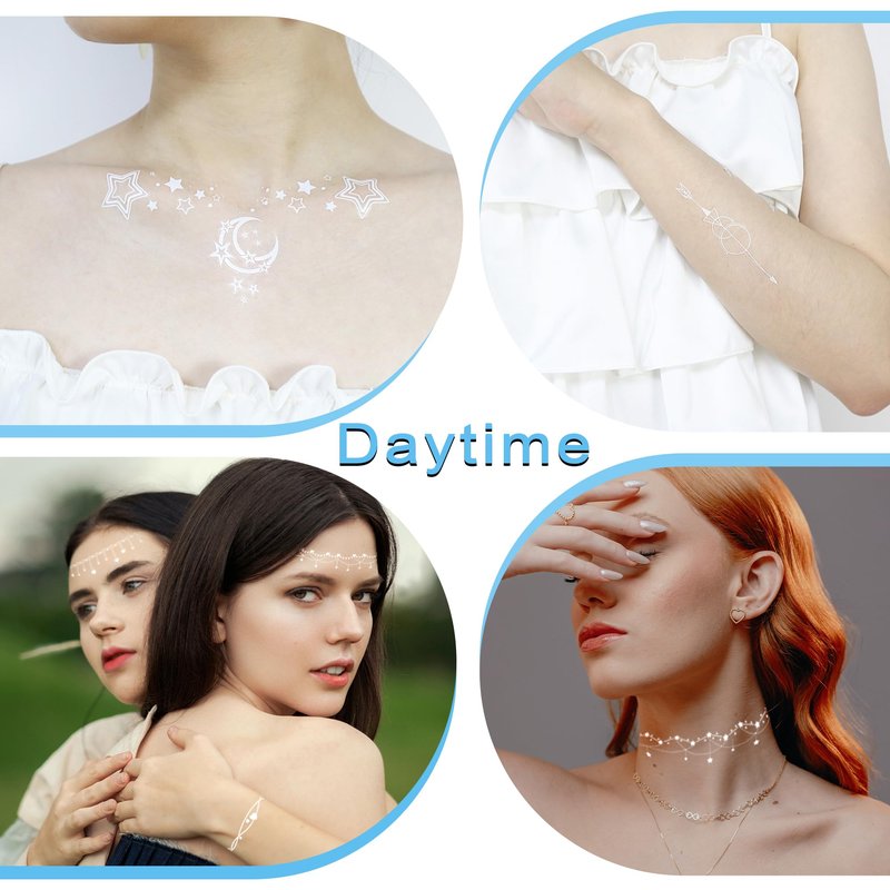 Fssqii Blue Luminous Temporary Tattoos Glow in the Dark Music Festival Moon Tattoos Waterproof Planet Star Fake Tattoo Sticker for Women Men Face Body Arm Party Cute Skin Tattoo Decorations