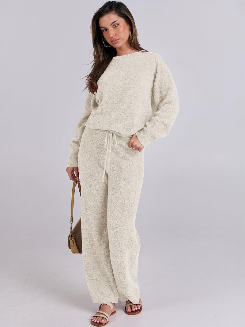Fuzzy Fleece Pajama Sets for Women - Cozy Long Sleeve Top & Wide Leg Pants | Fall/Winter 2025