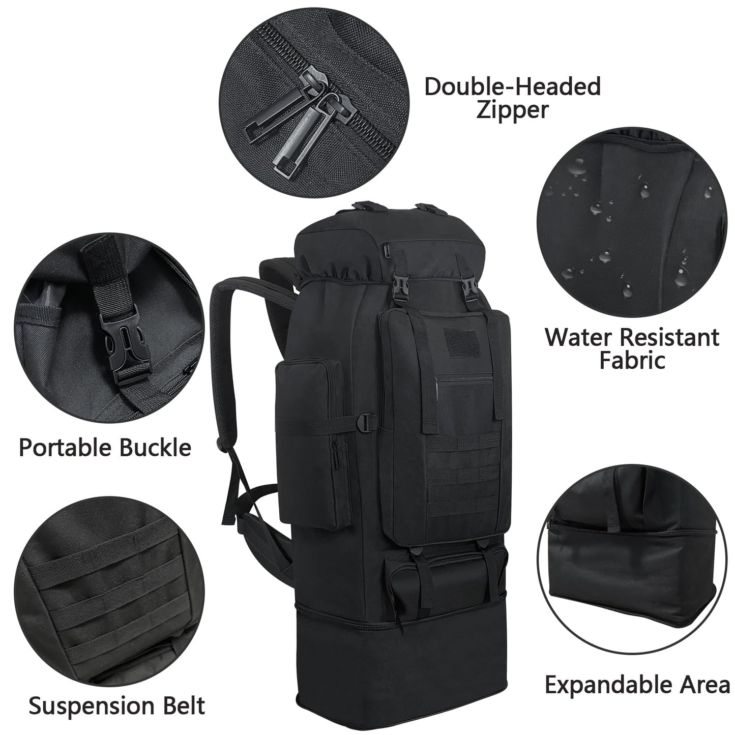 Ogetok 100L Camping Hiking Military Tactical Backpack, Adjustable Water Resistant Large Travel Daypacks Outdoor MOLLE Rucksack, Black