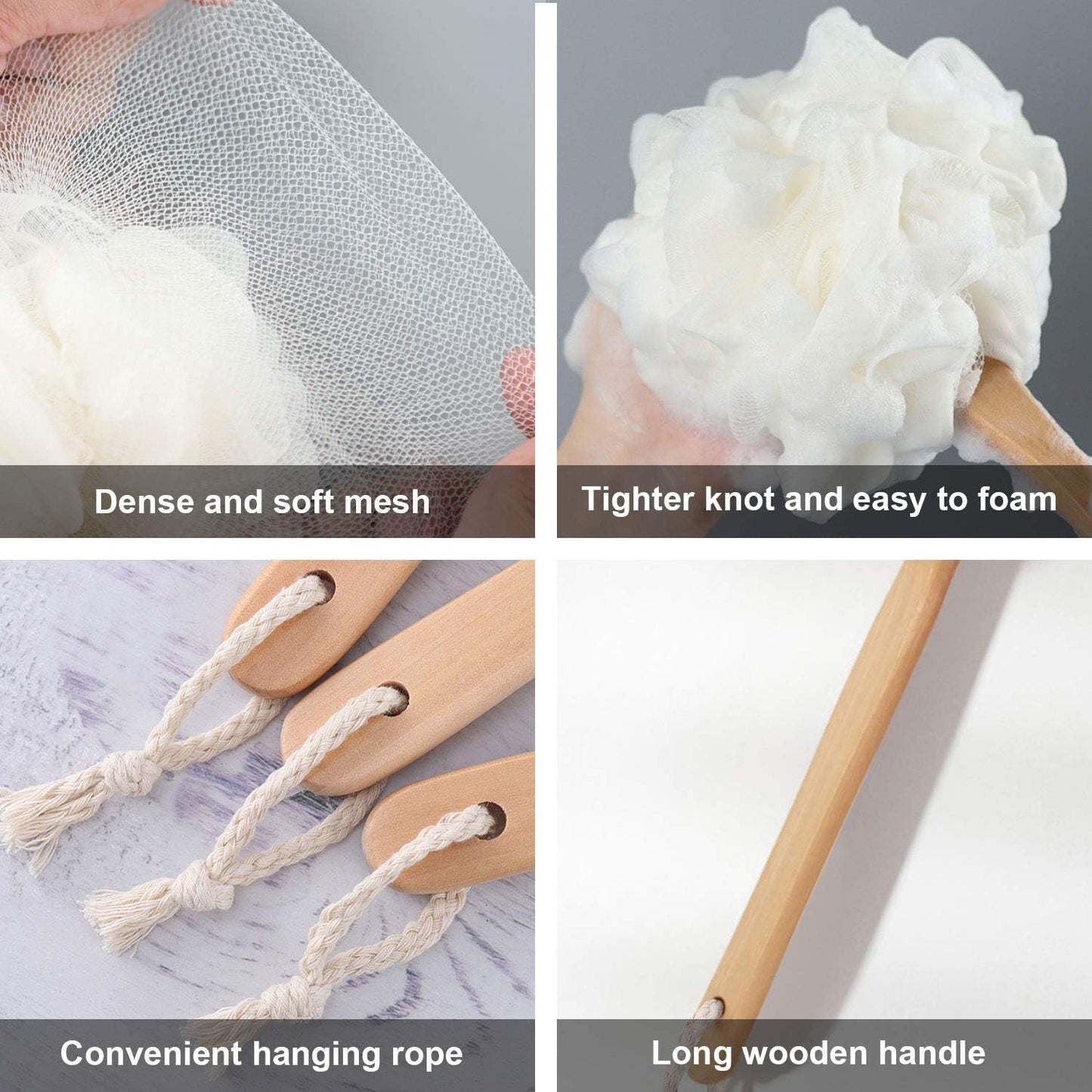 Loofah with Handle, Loofah on a Stick, Shower Sponge with Handle, Bath Brush, Shower Brush for Body, Back Scrubber for Shower, PE Soft Mesh Luffa for Men and Women