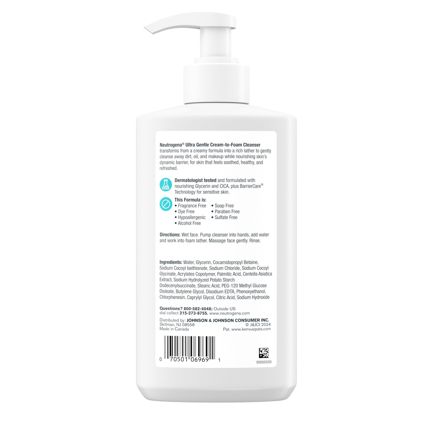 Neutrogena Ultra Gentle Cream to Foaming Face Wash for Sensitive Skin, Fragrance-Free Gentle Facial Cleanser, Hypoallergenic Skin Care, Non-Comedogenic Makeup Remover, 12 fl oz