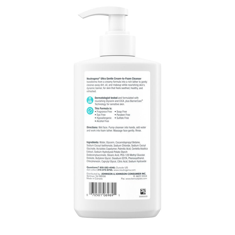 Neutrogena Ultra Gentle Cream to Foaming Face Wash for Sensitive Skin, Fragrance-Free Gentle Facial Cleanser, Hypoallergenic Skin Care, Non-Comedogenic Makeup Remover, 12 fl oz