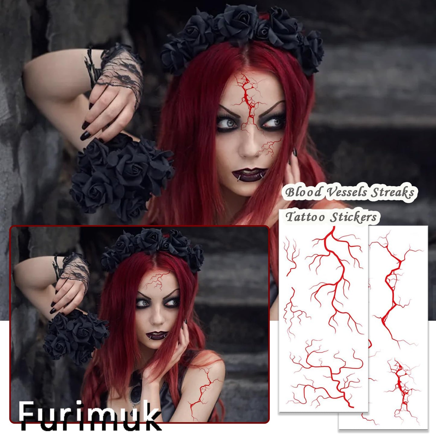 6 Sheets Halloween Face Tattoos Blood Vessels Streaks Tattoo Stickers for Vampire Zombie Makeup Kit, Scary Temporary Tattoo Make Up Cosplay Decorations (Red)