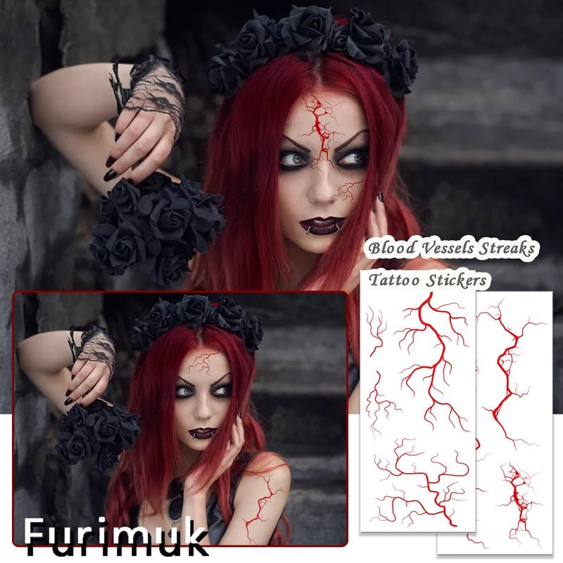 6 Sheets Halloween Face Tattoos Blood Vessels Streaks Tattoo Stickers for Vampire Zombie Makeup Kit, Scary Temporary Tattoo Make Up Cosplay Decorations (Red)