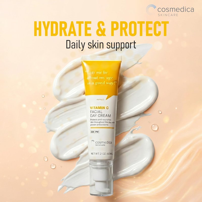 Cosmedica Skincare Vitamin C Facial Moisturizer – 15% Vitamin C Facial Day Cream - 2 ounces – Protects and nourishes skin throughout the day – Vegan, Cruelty Free Skincare