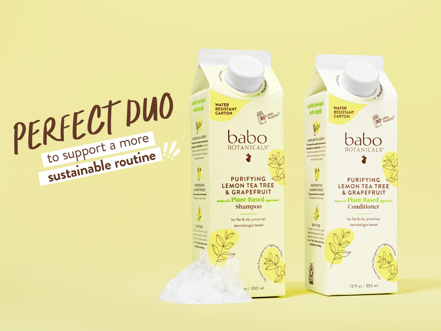 Babo Botanicals Purifying Lemon Tea Tree & Grapefruit Shampoo & Conditioner – For Flat, Oily Prone Hair - Passion Fruit Ferment for scalp - Water-Resistant Carton w. 80% Less Plastic – Vegan