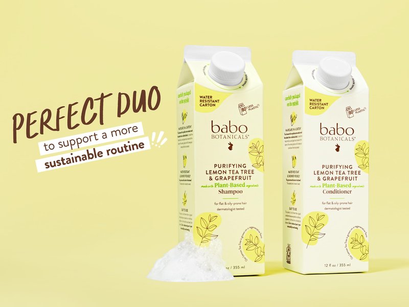 Babo Botanicals Purifying Lemon Tea Tree & Grapefruit Shampoo & Conditioner – For Flat, Oily Prone Hair - Passion Fruit Ferment for scalp - Water-Resistant Carton w. 80% Less Plastic – Vegan