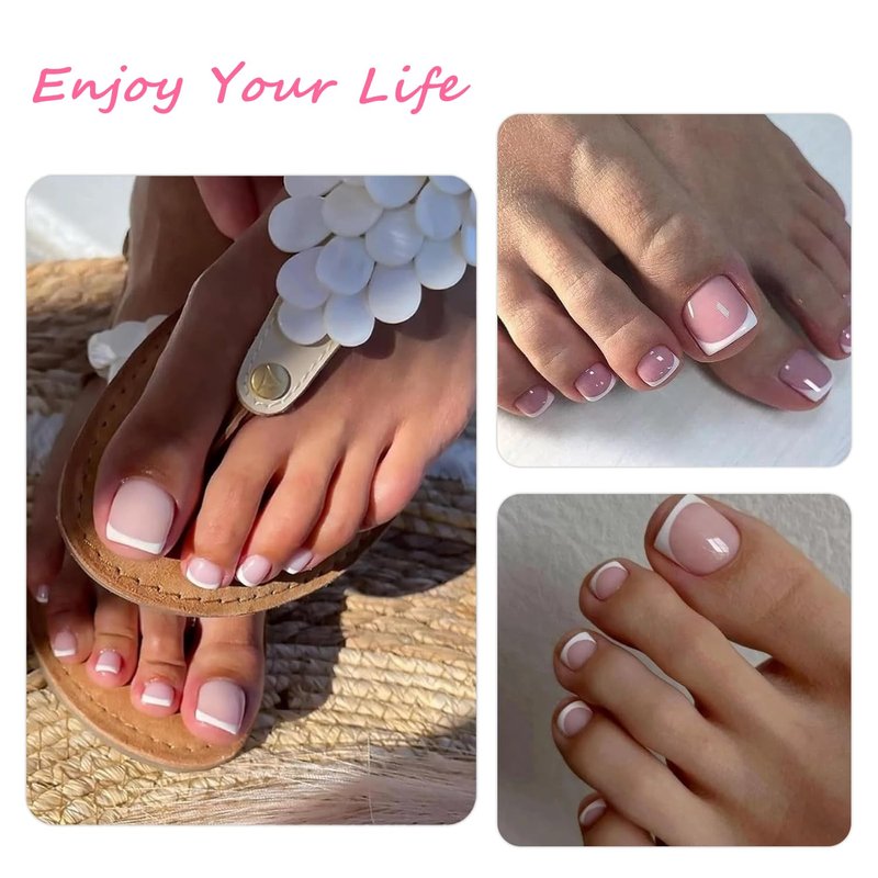 SENGYi Press On Toenails for Women French Tip Toe Nail Press Ons with Nail Glue Kit Nude Fake Toenails 120Pcs