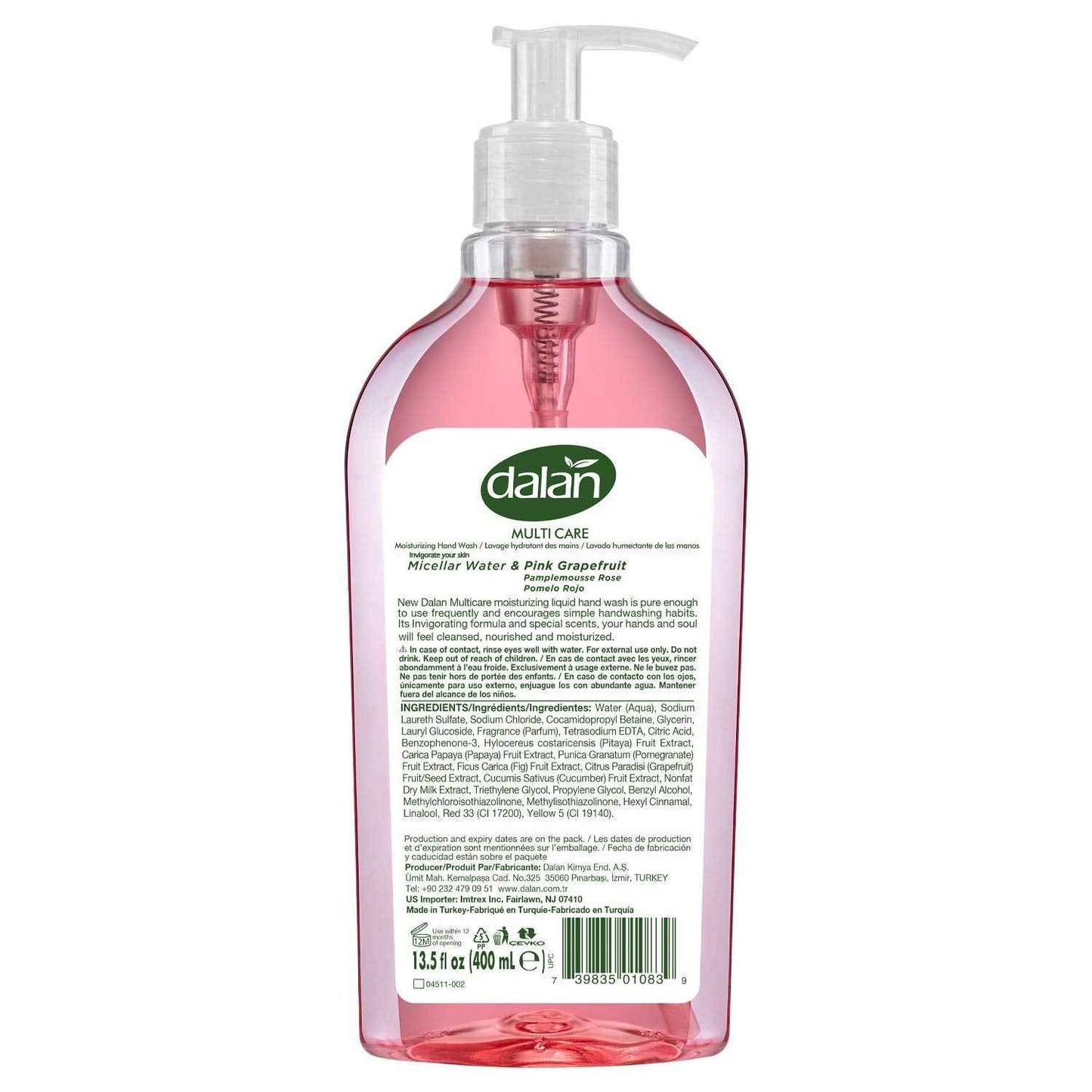 Dalan Pink Grapefruit Multicare Ultra Moisturizing Liquid Hand Soap for Normal and Dry Hands Fresh Clean and Soft Feeling (13.5 Fl Oz / 400 mL (Pack of 3))