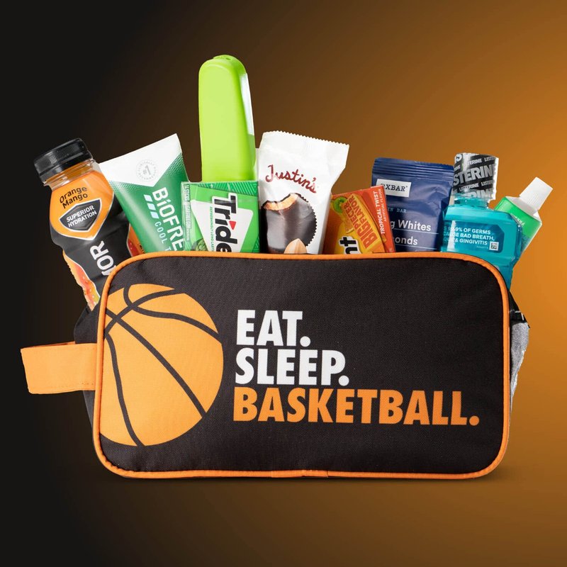 ChalkTalkSPORTS Basketball Toiletry Bag - Eat Sleep Basketball Accessory Bag and Travel Kit - Black & Orange